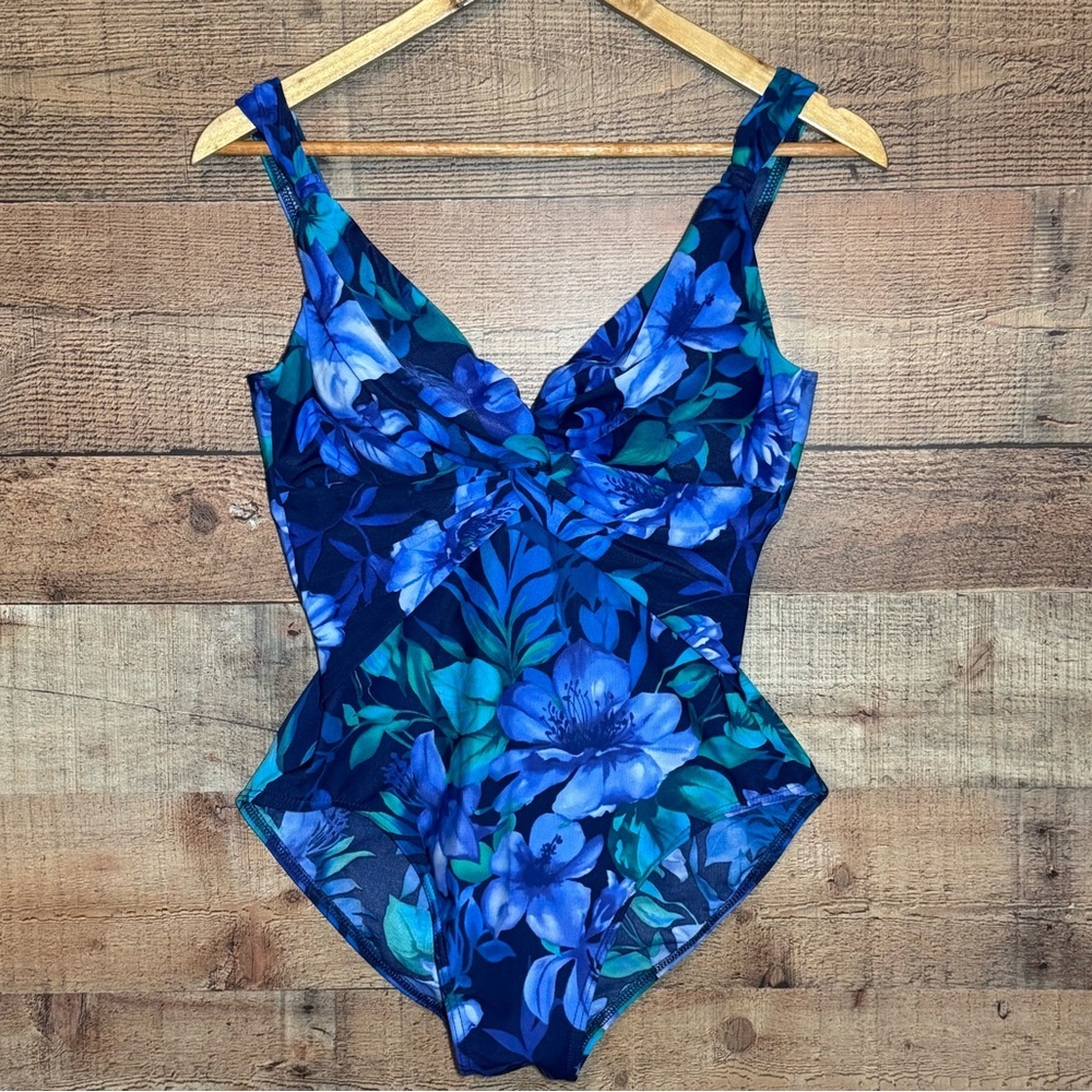 MIRACLESUIT Pandora Tropical Blue Floral One Piece Swimsuit size 12 - Picture 2 of 13